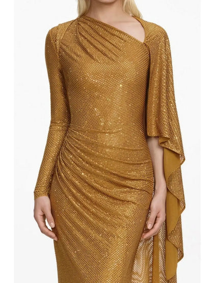 Gold Crystal Embellished Cape-Sleeve Gown - Dresses