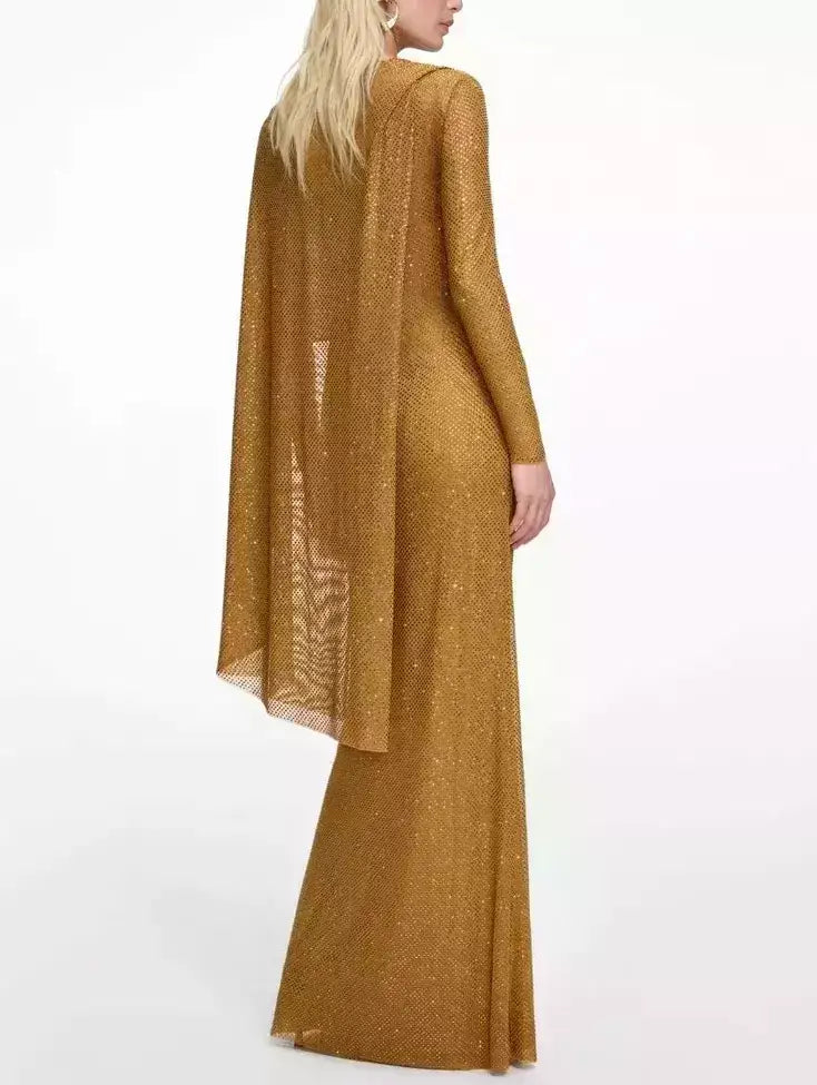 Gold Crystal Embellished Cape-Sleeve Gown - Dresses
