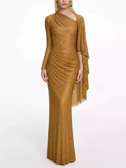 Gold Crystal Embellished Cape-Sleeve Gown - Dresses