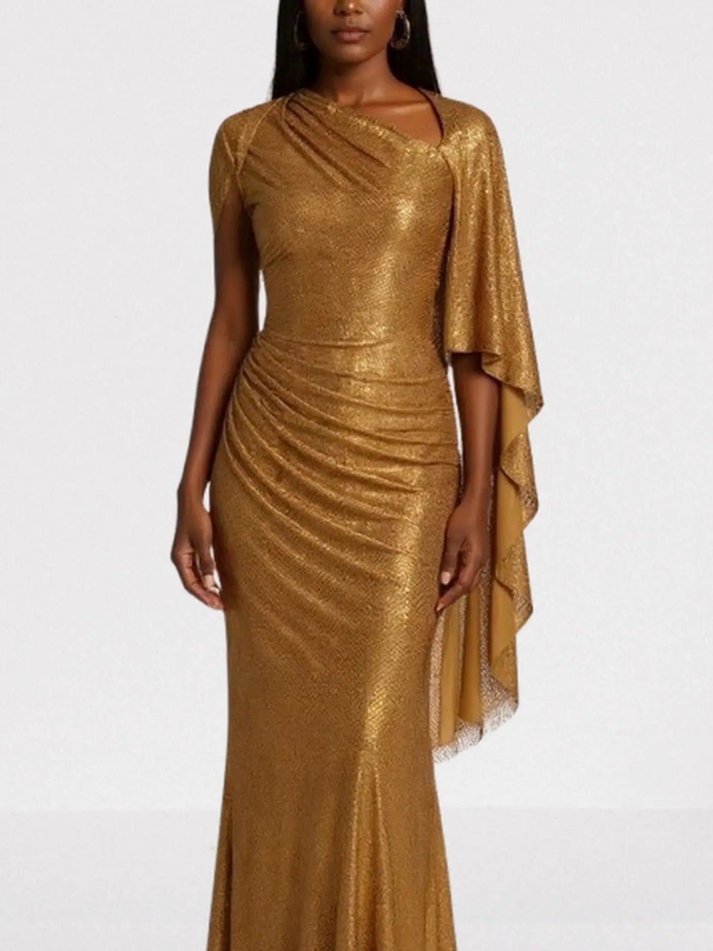 Gold Crystal Embellished Cape-Sleeve Gown - Dresses