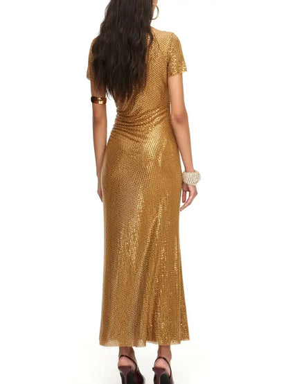 Gold Draped Rhinestone Maxi Dress with Short Sleeves - Dresses