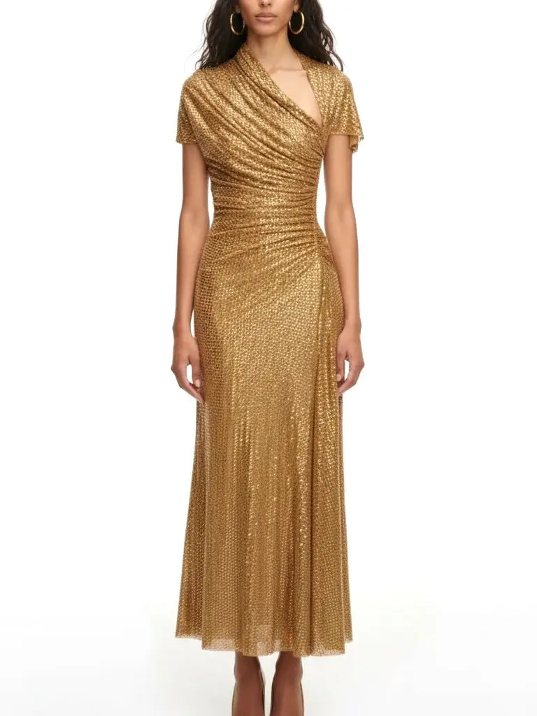 Gold Draped Rhinestone Maxi Dress with Short Sleeves - Dresses
