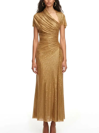 Gold Draped Rhinestone Maxi Dress with Short Sleeves - Dresses