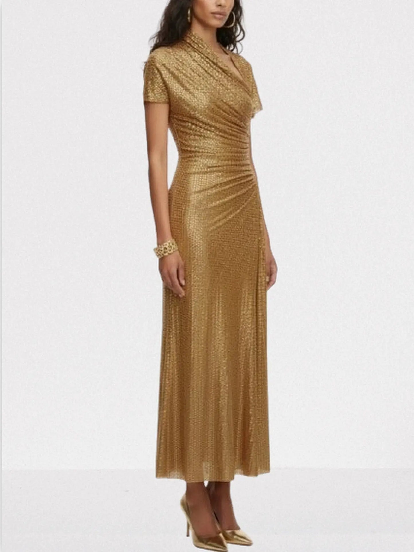 Gold Draped Rhinestone Maxi Dress with Short Sleeves - Dresses