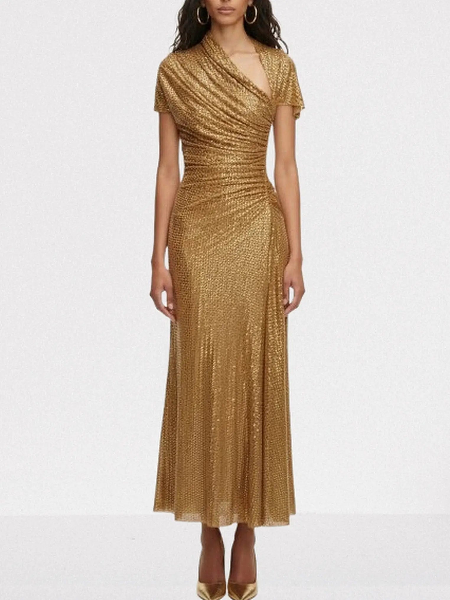 Gold Draped Rhinestone Maxi Dress with Short Sleeves - Dresses