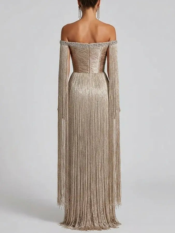 Gold Fringe Off Shoulder Maxi Dress with Rhinestones - Dresses