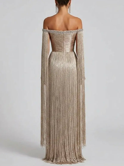 Gold Fringe Off Shoulder Maxi Dress with Rhinestones - Dresses