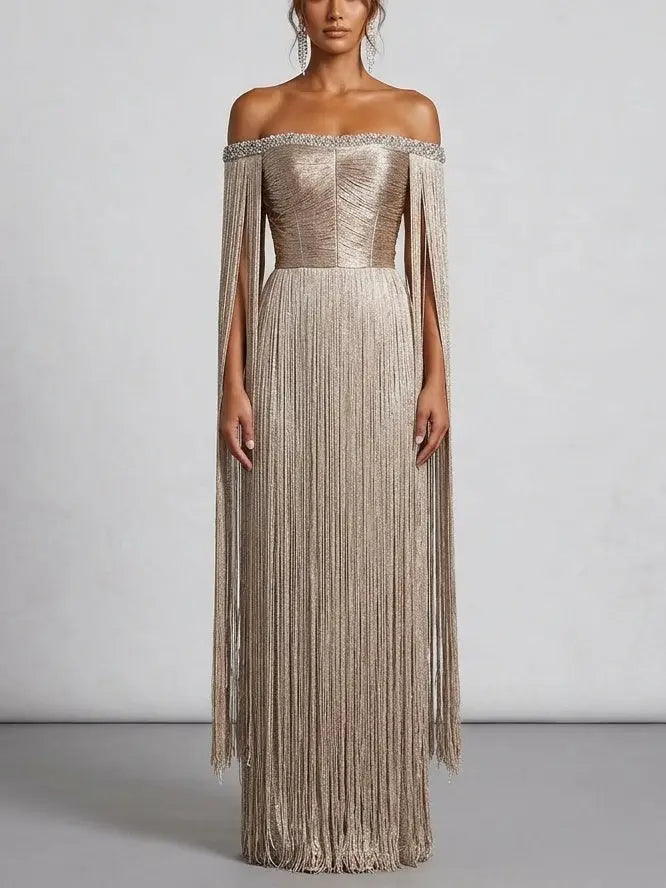 Gold Fringe Off Shoulder Maxi Dress with Rhinestones - Dresses