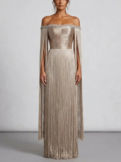 Gold Fringe Off Shoulder Maxi Dress with Rhinestones - Dresses