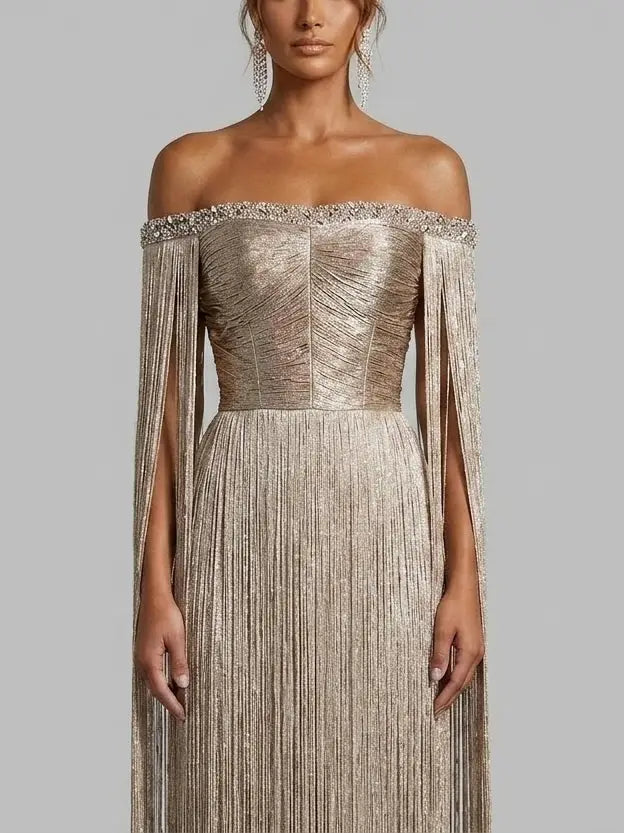 Gold Fringe Off Shoulder Maxi Dress with Rhinestones - Dresses