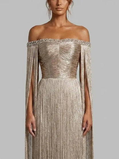 Gold Fringe Off Shoulder Maxi Dress with Rhinestones - Dresses