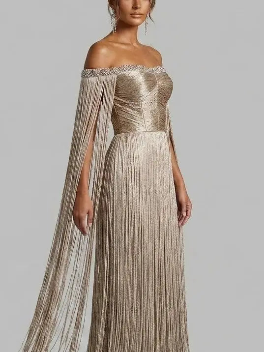 Gold Fringe Off Shoulder Maxi Dress with Rhinestones - Dresses