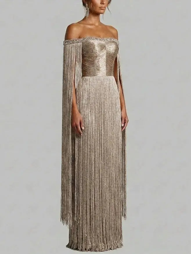 Gold Fringe Off Shoulder Maxi Dress with Rhinestones - Dresses