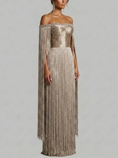 Gold Fringe Off Shoulder Maxi Dress with Rhinestones - Dresses