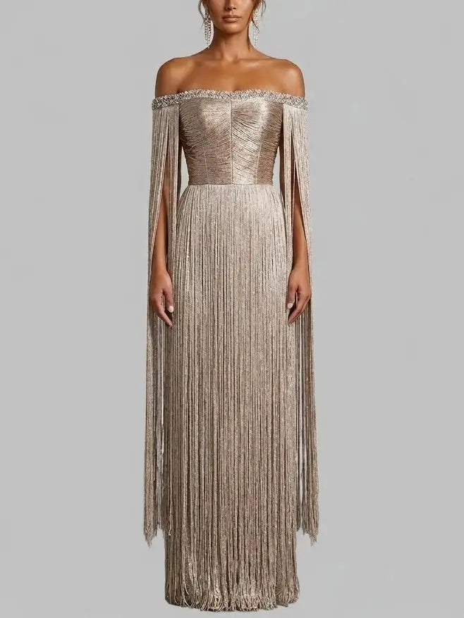 Gold Fringe Off Shoulder Maxi Dress with Rhinestones - Dresses