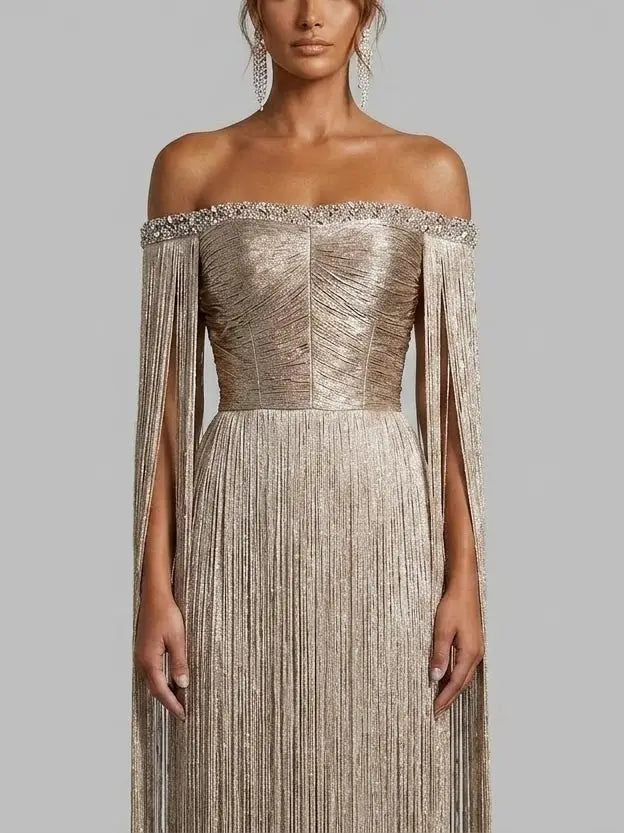 Gold Fringe Off Shoulder Maxi Dress with Rhinestones - Dresses