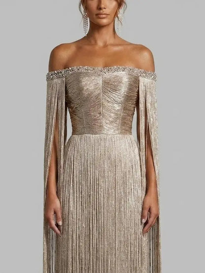 Gold Fringe Off Shoulder Maxi Dress with Rhinestones - Dresses