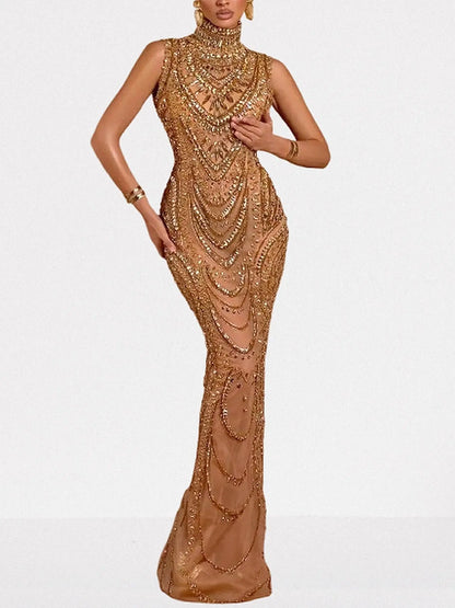 Gold Fully Embellished High-Neck Evening Gown - Dresses