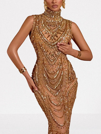 Gold Fully Embellished High-Neck Evening Gown - Dresses