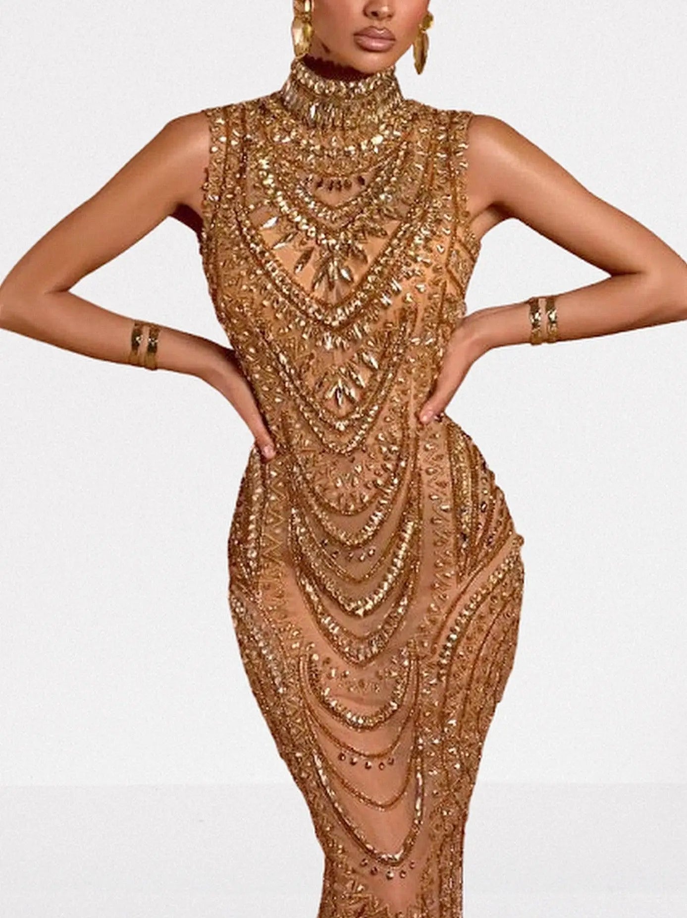 Gold Fully Embellished High-Neck Evening Gown - Dresses