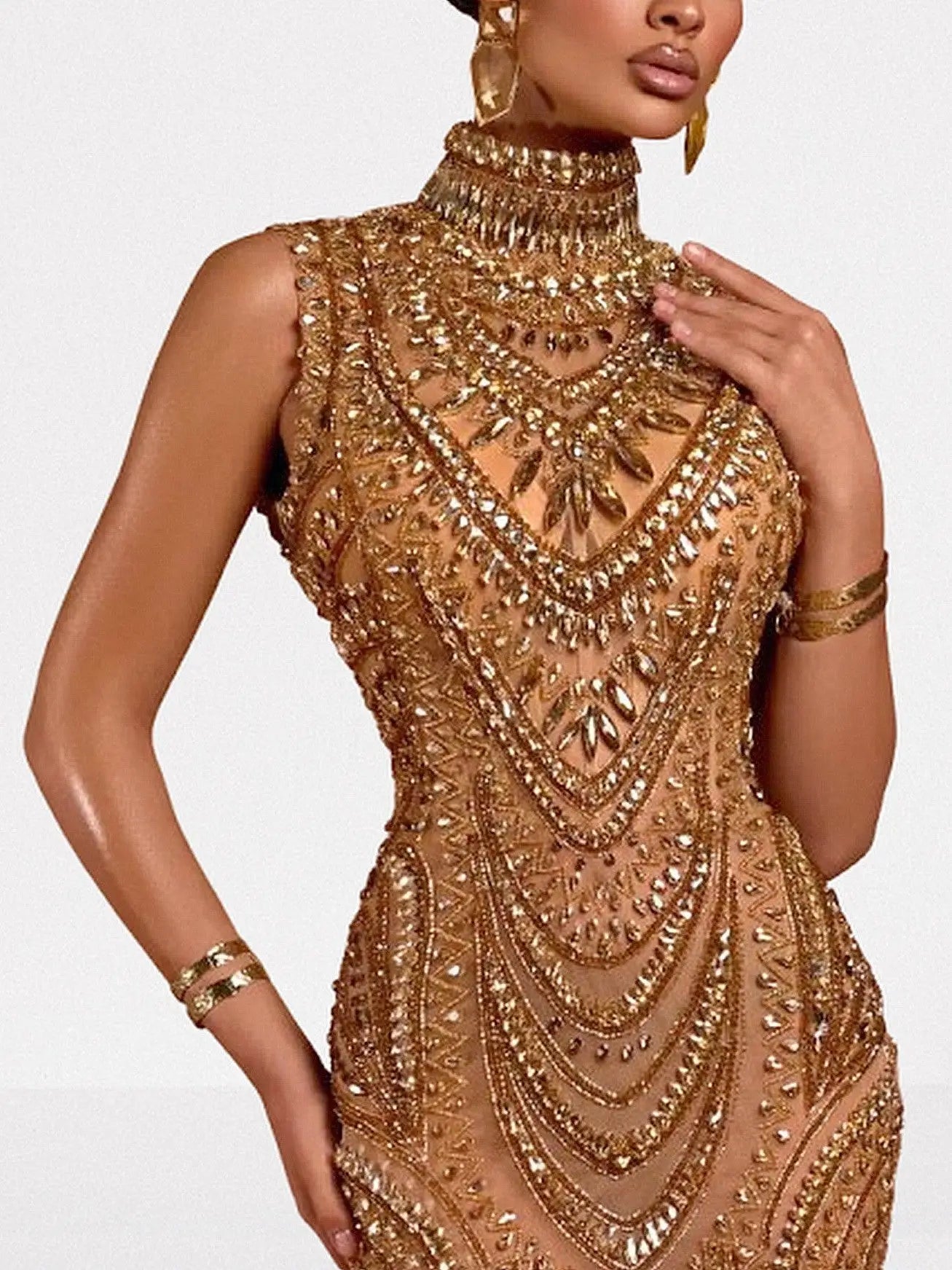 Gold Fully Embellished High-Neck Evening Gown - Dresses