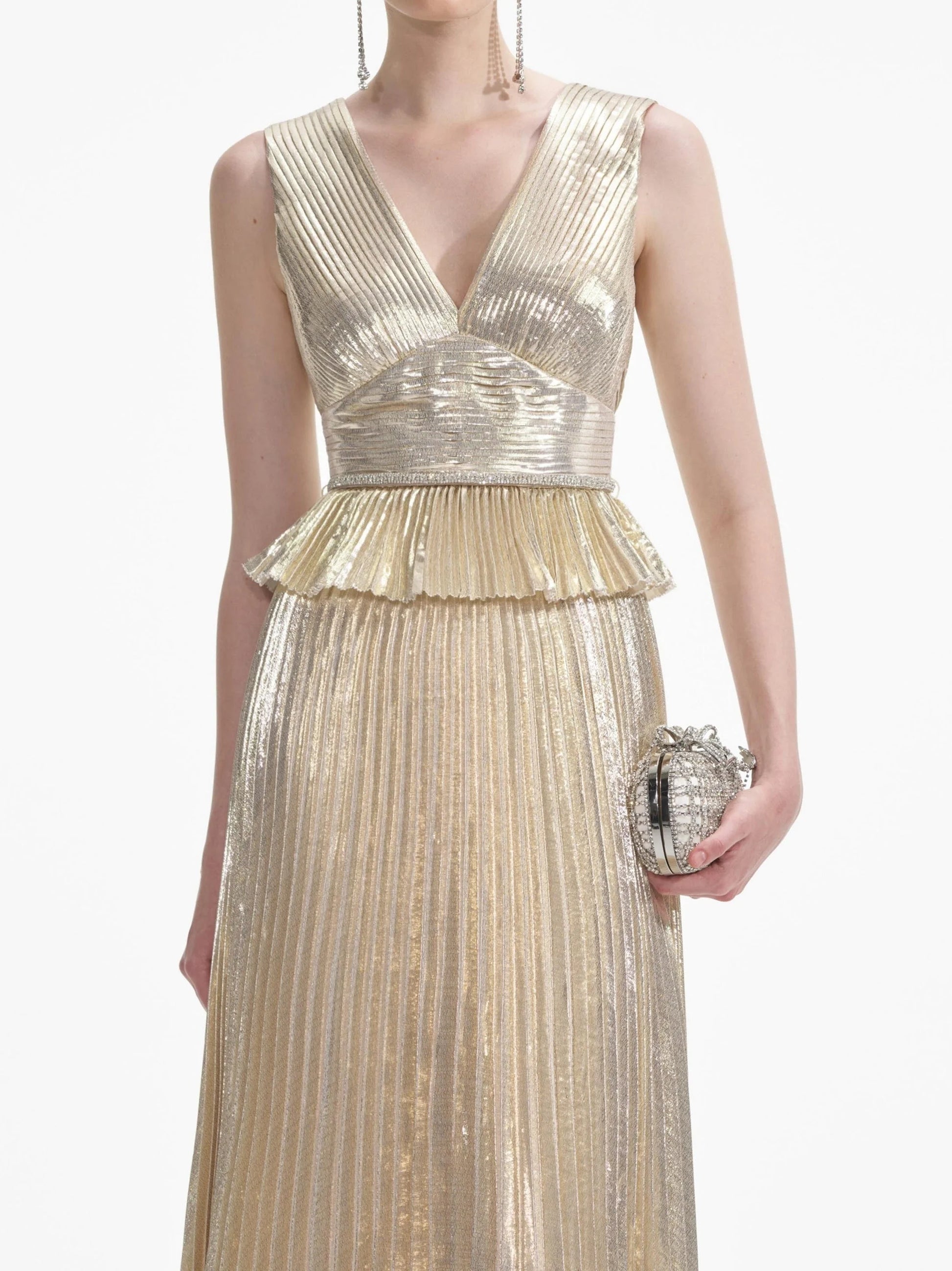 Gold Metallic Pleated Sleeveless Gown Dresses