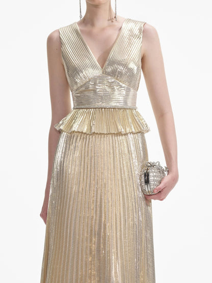Gold Metallic Pleated Sleeveless Gown Dresses