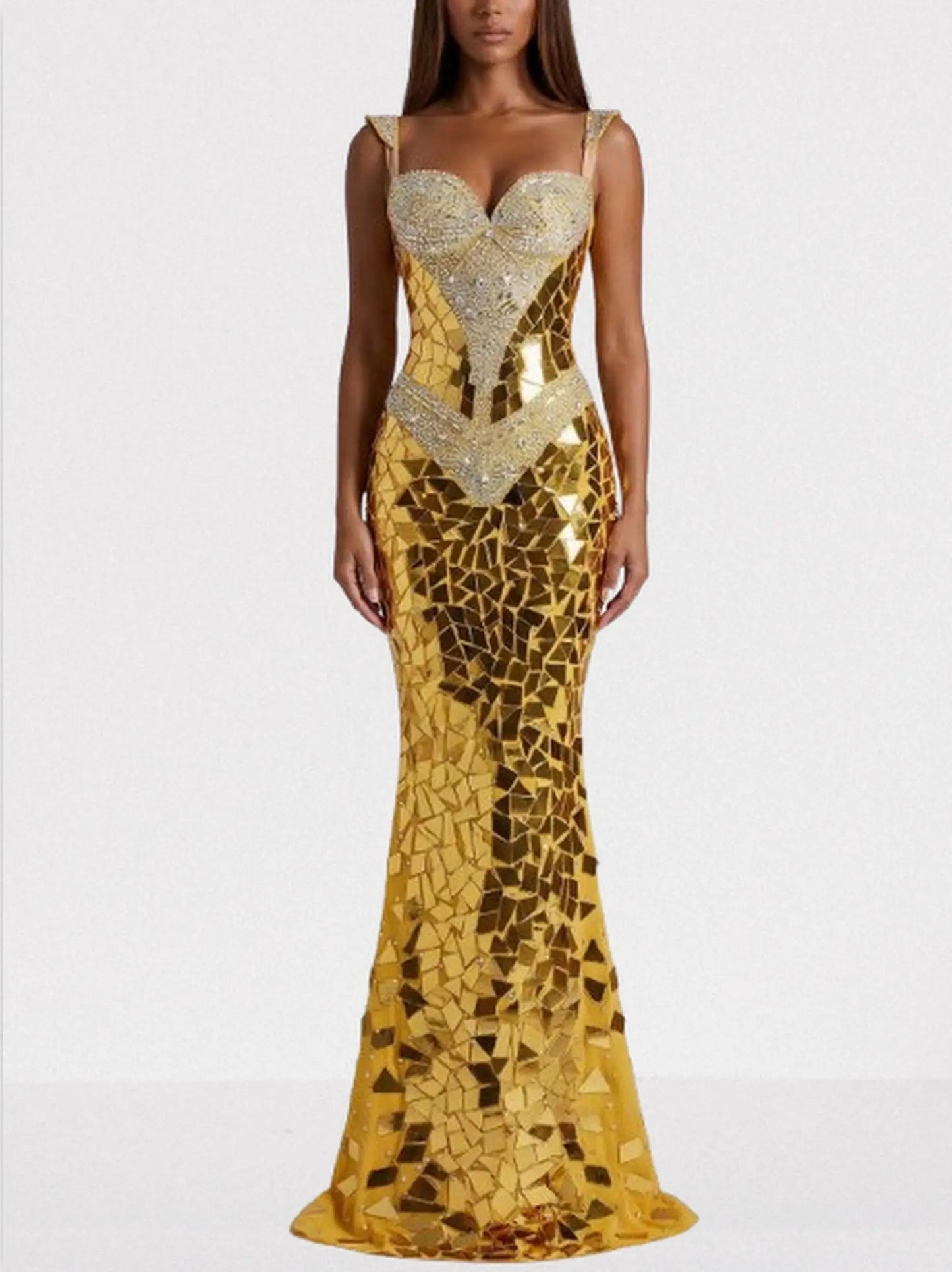 Gold Mirrored Mosaic Evening Gown - Dresses