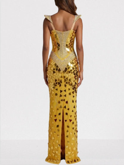 Gold Mirrored Mosaic Evening Gown - Dresses