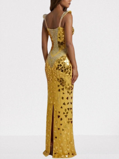 Gold Mirrored Mosaic Evening Gown - Dresses