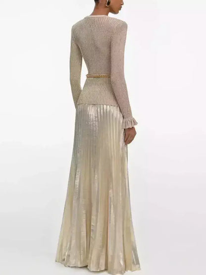 Gold Ribbed Knit Lurex Maxi Dress with Chain Belt - Dresses