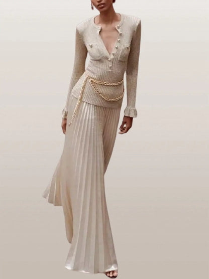 Gold Ribbed Knit Lurex Maxi Dress with Chain Belt - Dresses