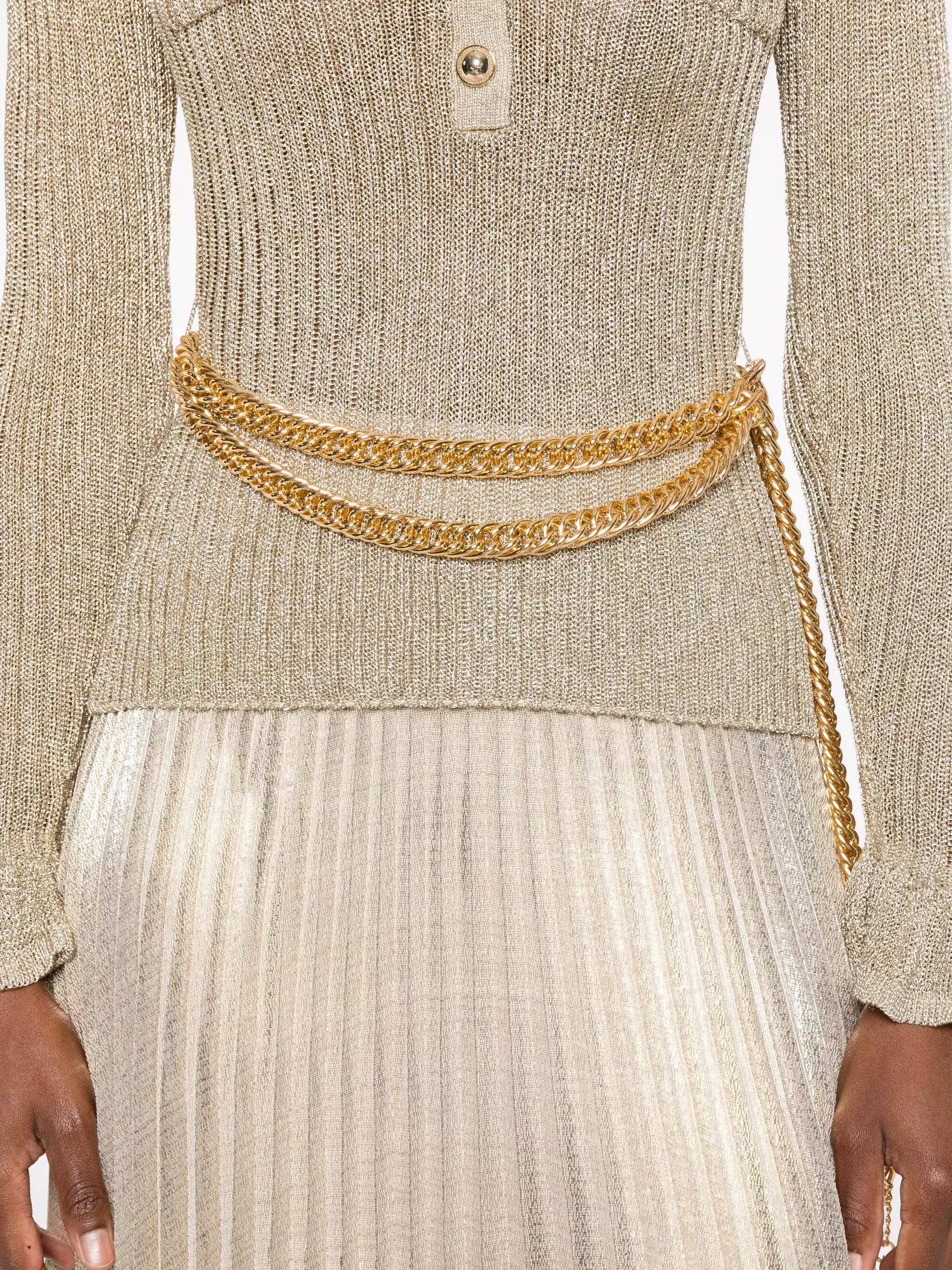 Gold Ribbed Knit Lurex Maxi Dress with Chain Belt - Dresses