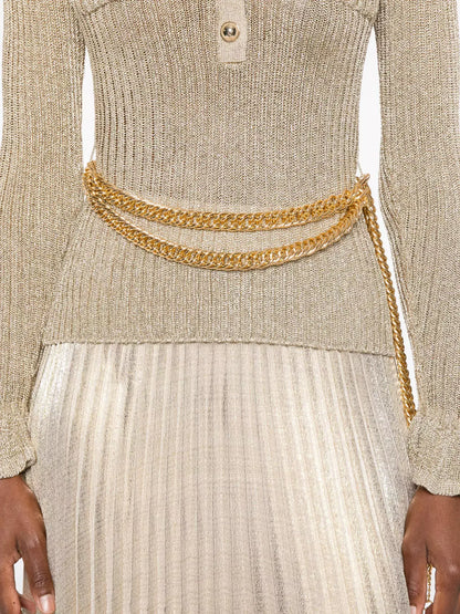 Gold Ribbed Knit Lurex Maxi Dress with Chain Belt - Dresses