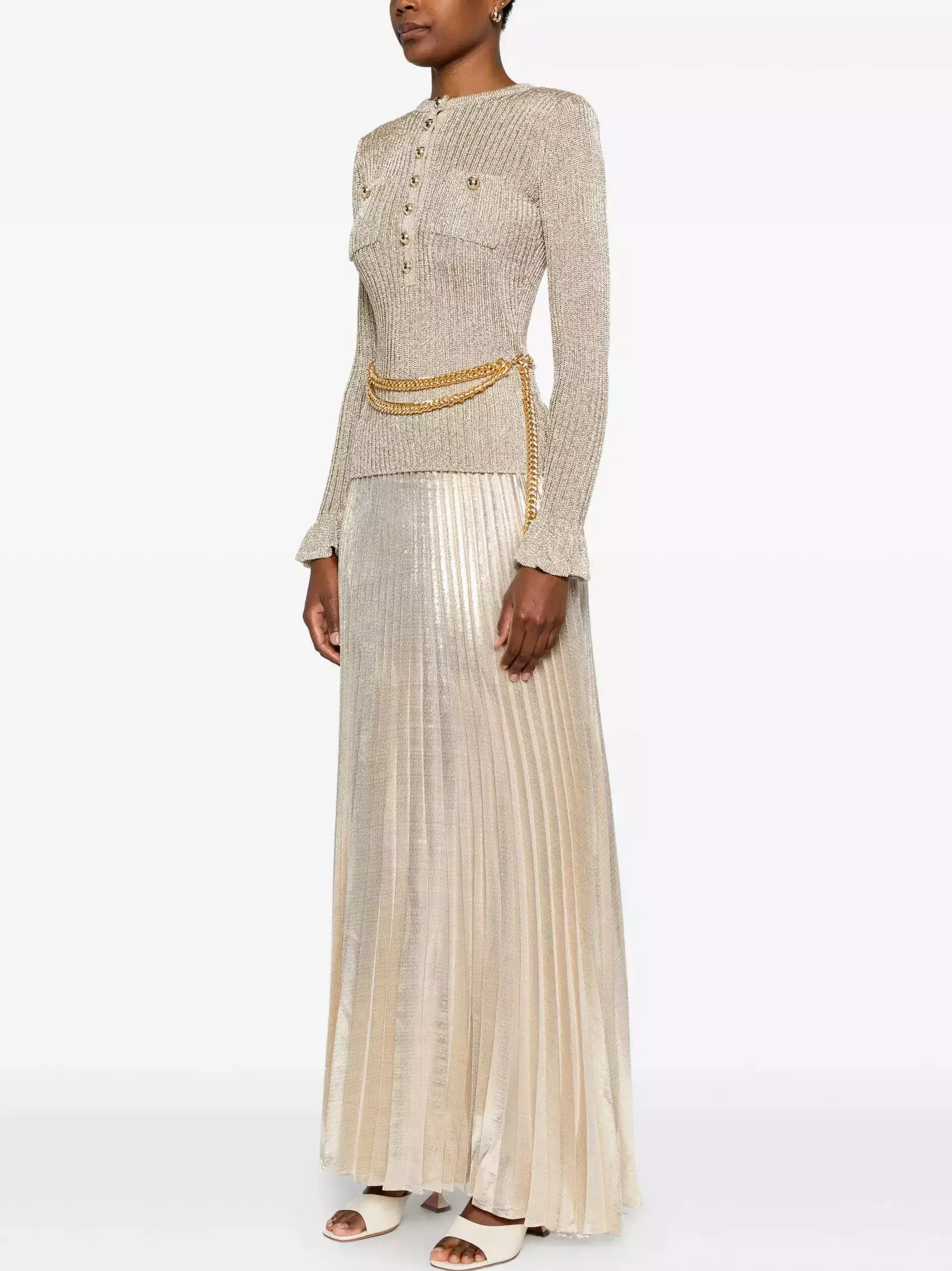 Gold Ribbed Knit Lurex Maxi Dress with Chain Belt - Dresses