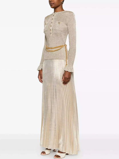 Gold Ribbed Knit Lurex Maxi Dress with Chain Belt - Dresses