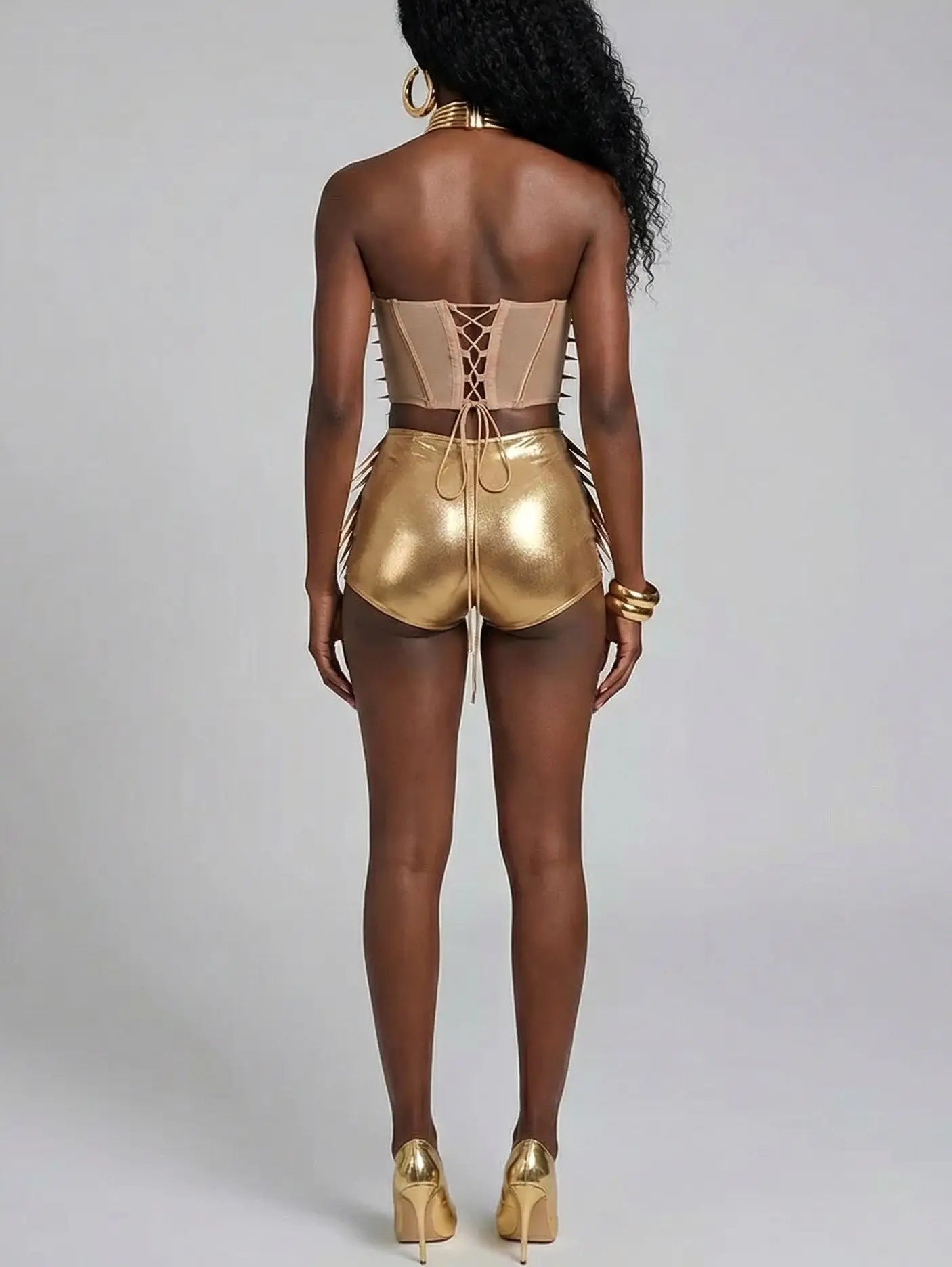 Gold Sculptural Corset Top and High-Waist Short Set - Suits & Sets
