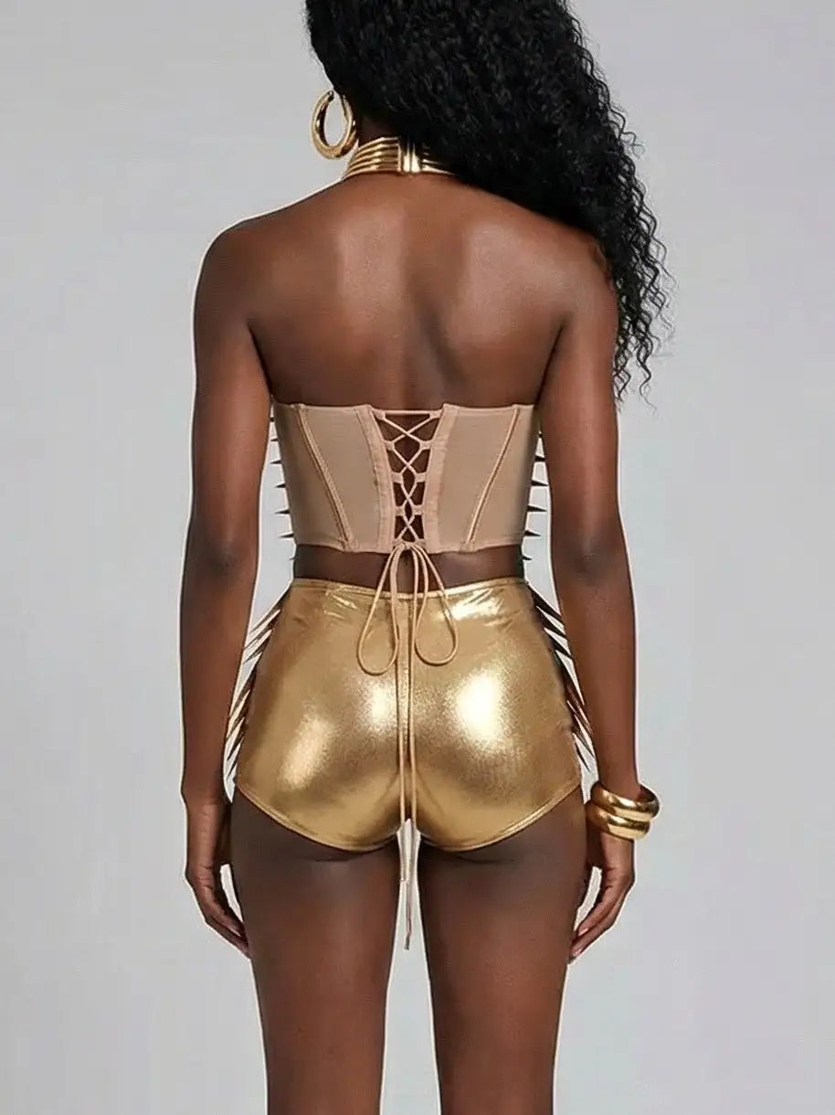 Gold Sculptural Corset Top and High-Waist Short Set - Suits & Sets