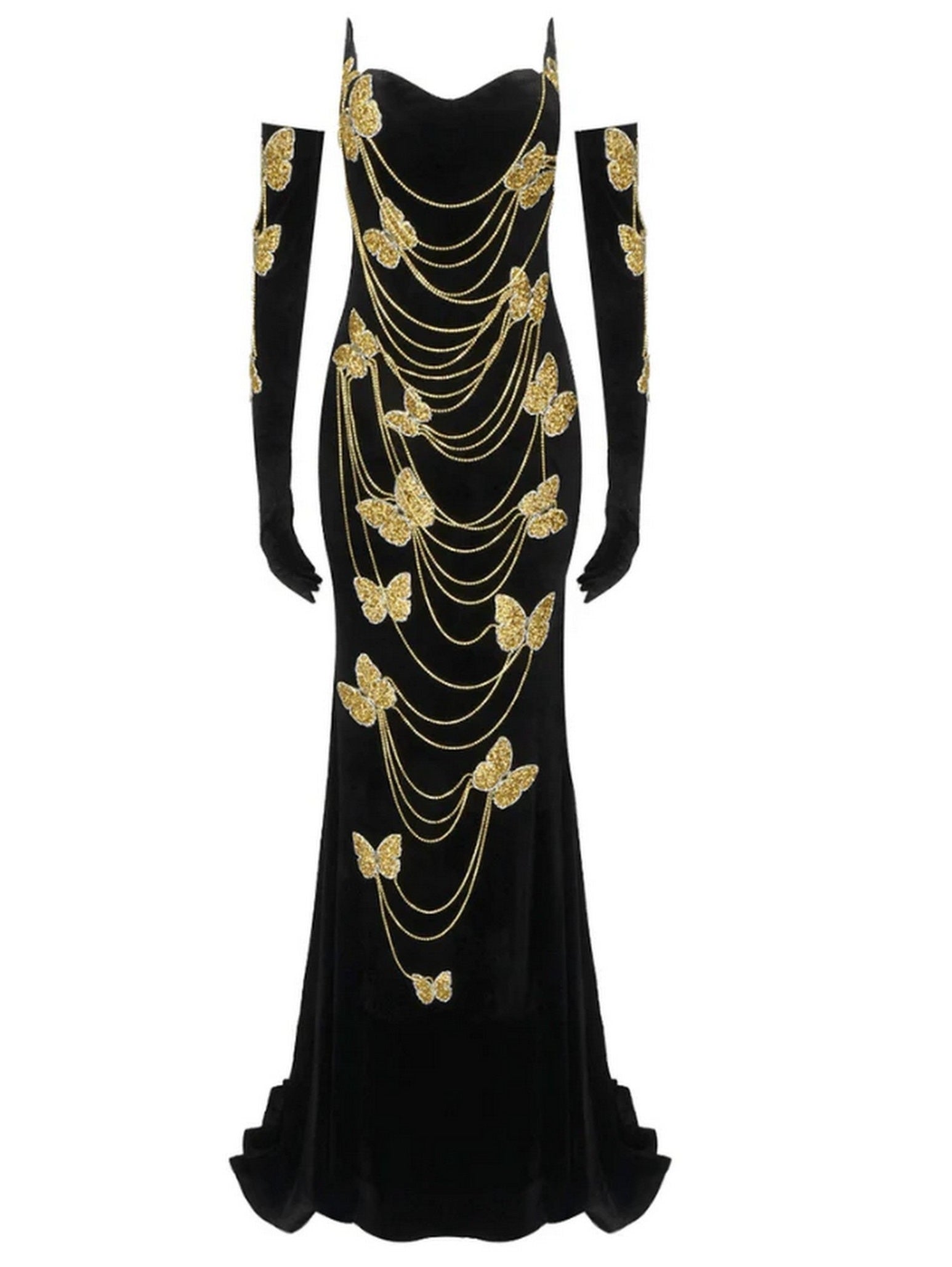 Gold Sequin Butterfly-Patch and Chain Embellished Black Strapless Velvet Gown - Branna Couture