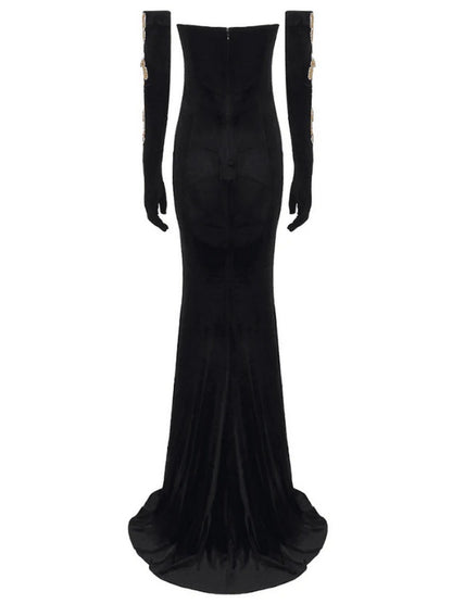 Gold Sequin Butterfly-Patch and Chain Embellished Black Strapless Velvet Gown - Branna Couture