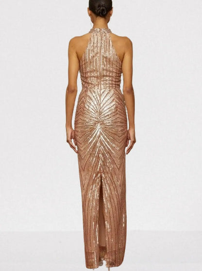 Gold Sequin-Embellished Halterneck Gown - Dresses