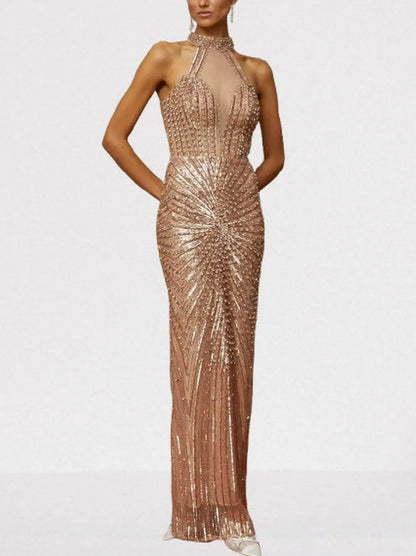 Gold Sequin-Embellished Halterneck Gown - Dresses