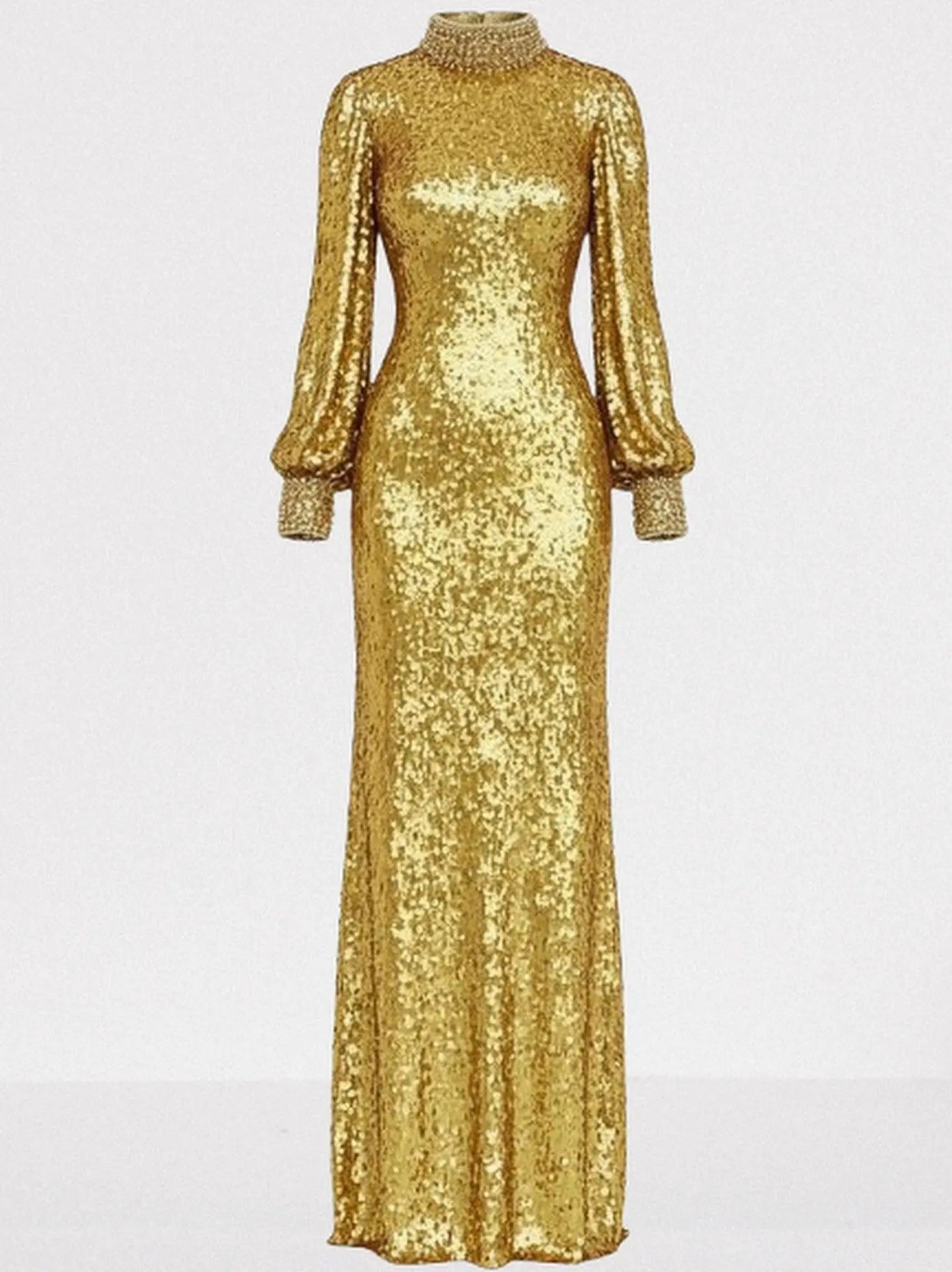 Gold Sequin Long-Sleeve Evening Gown