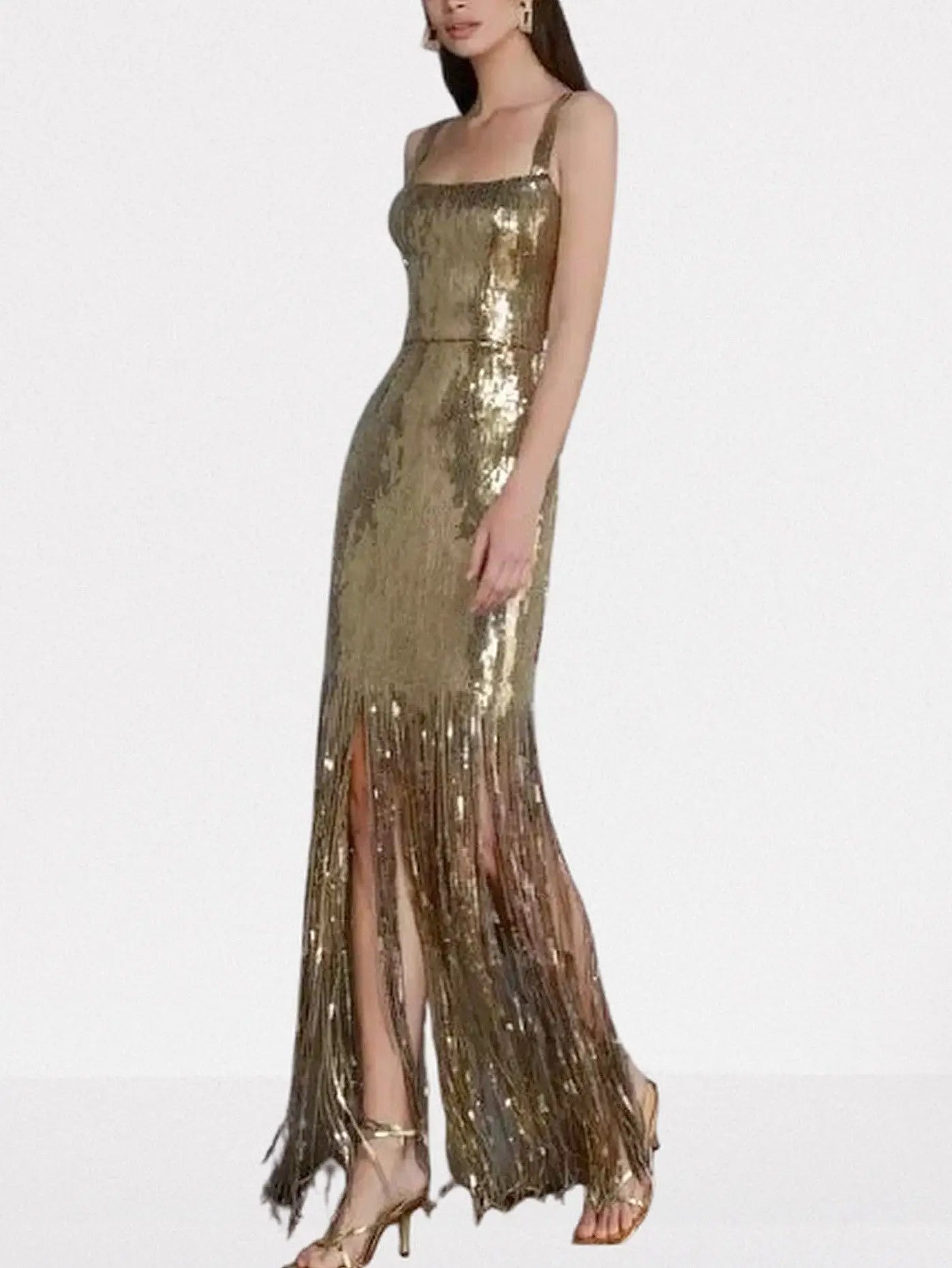 Gold Sequin Sleeveless Fringed Maxi Dress - Dresses