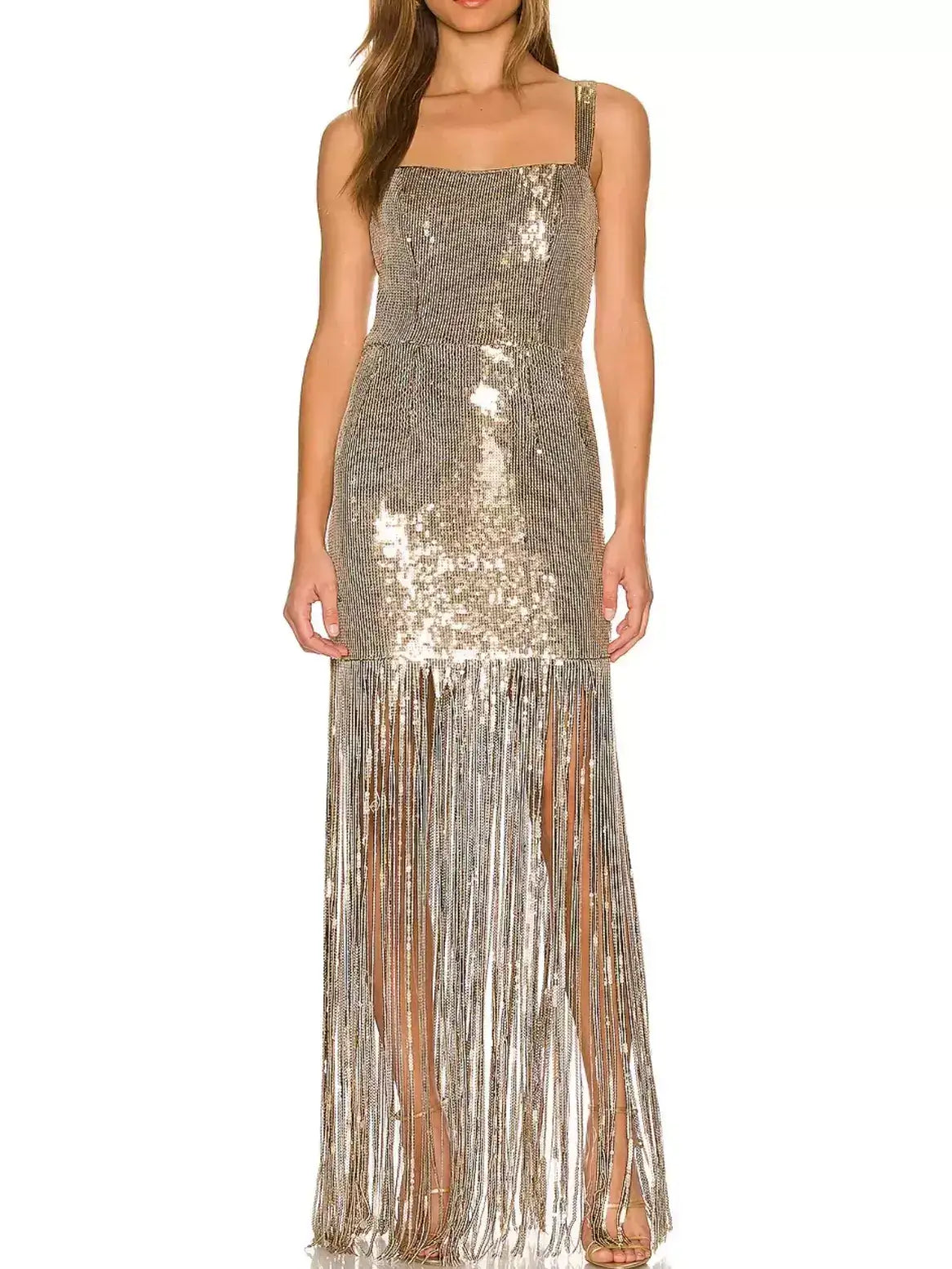 Gold Sequin Sleeveless Fringed Maxi Dress - Dresses