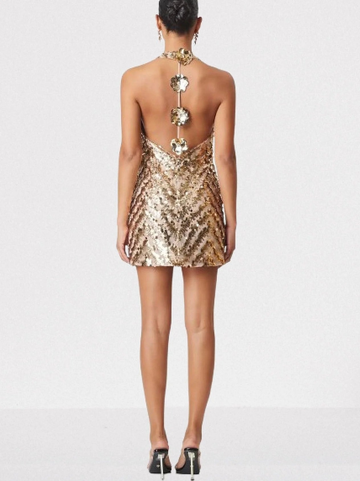 Gold Sequined Halterneck Mini Dress with Appliques - Dresses