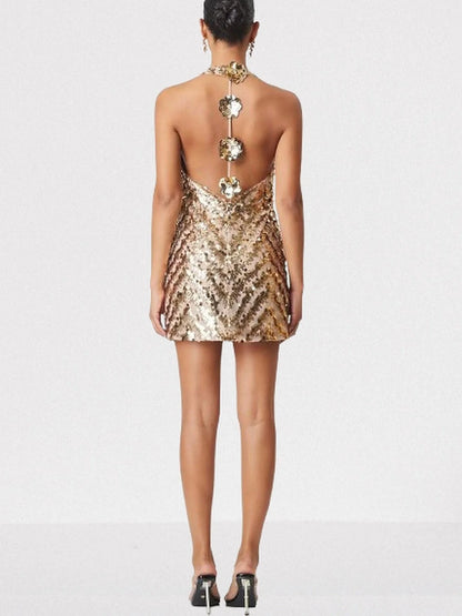Gold Sequined Halterneck Mini Dress with Appliques - Dresses