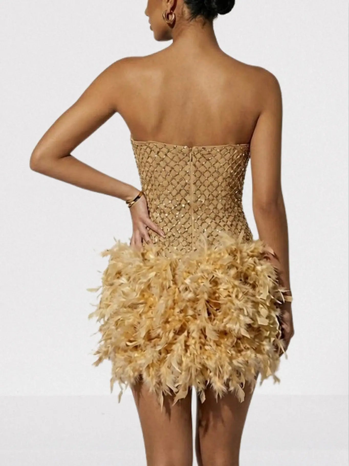 Gold Strapless Beaded Mini Dress with Feather Skirt - Dresses
