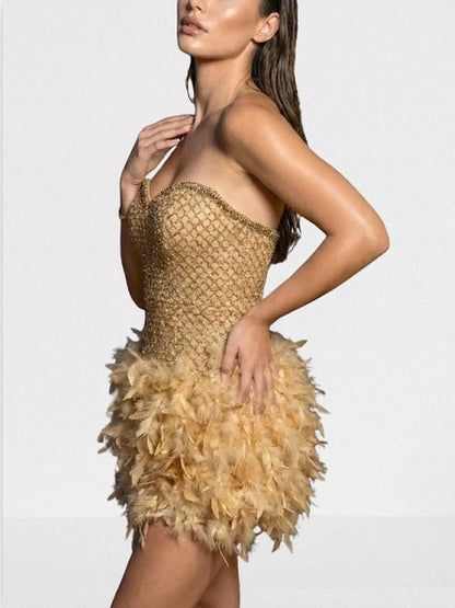 Gold Strapless Beaded Mini Dress with Feather Skirt - Dresses