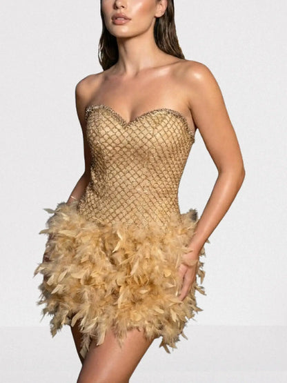 Gold Strapless Beaded Mini Dress with Feather Skirt - Dresses